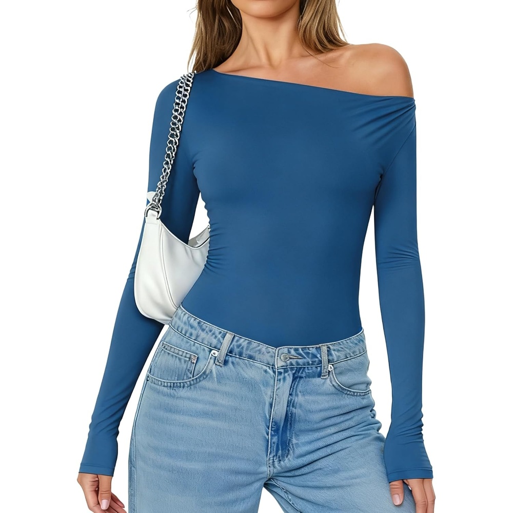 image:imageAvidlove Women Off the Shoulder Long Sleeve Bodysuit Double Lined Thong Body Suits Tops Soft Sexy OutfitsBlue