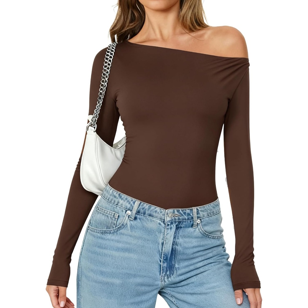 image:imageAvidlove Women Off the Shoulder Long Sleeve Bodysuit Double Lined Thong Body Suits Tops Soft Sexy OutfitsBrown