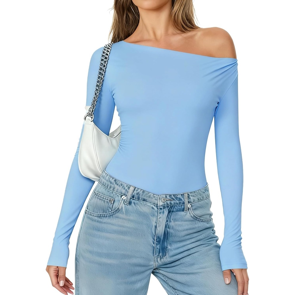 image:imageAvidlove Women Off the Shoulder Long Sleeve Bodysuit Double Lined Thong Body Suits Tops Soft Sexy OutfitsLight Blue