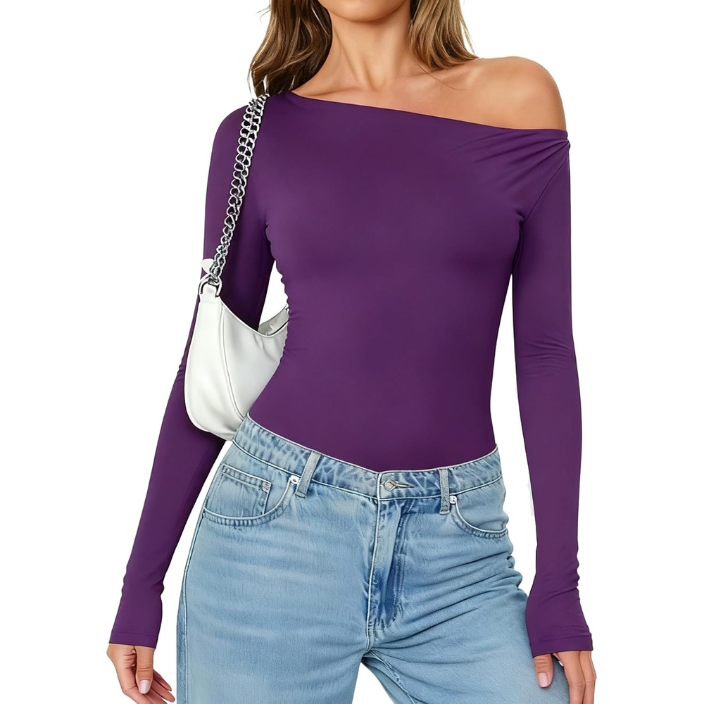 image:imageAvidlove Women Off the Shoulder Long Sleeve Bodysuit Double Lined Thong Body Suits Tops Soft Sexy OutfitsPurple