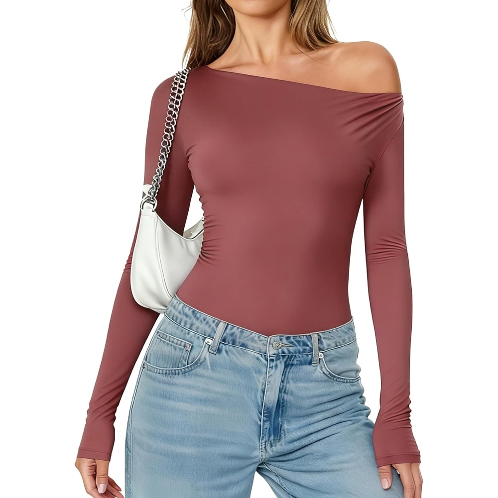 image:imageAvidlove Women Off the Shoulder Long Sleeve Bodysuit Double Lined Thong Body Suits Tops Soft Sexy OutfitsPurple Red