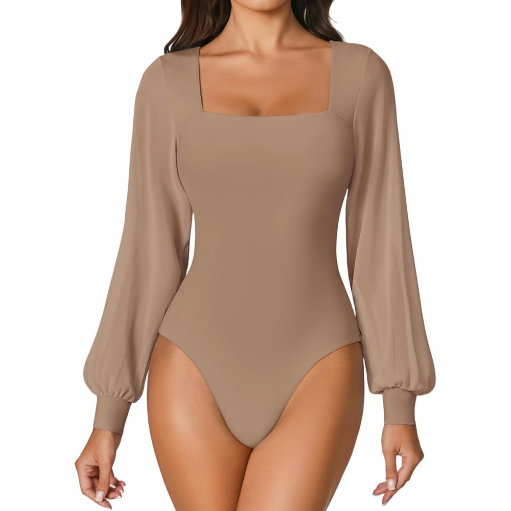 image:imageAvidlove Women Puff Long Sleeve Bodysuit Mesh Square Neck Thong Sexy Body Suits Double Lined LeotardsNude