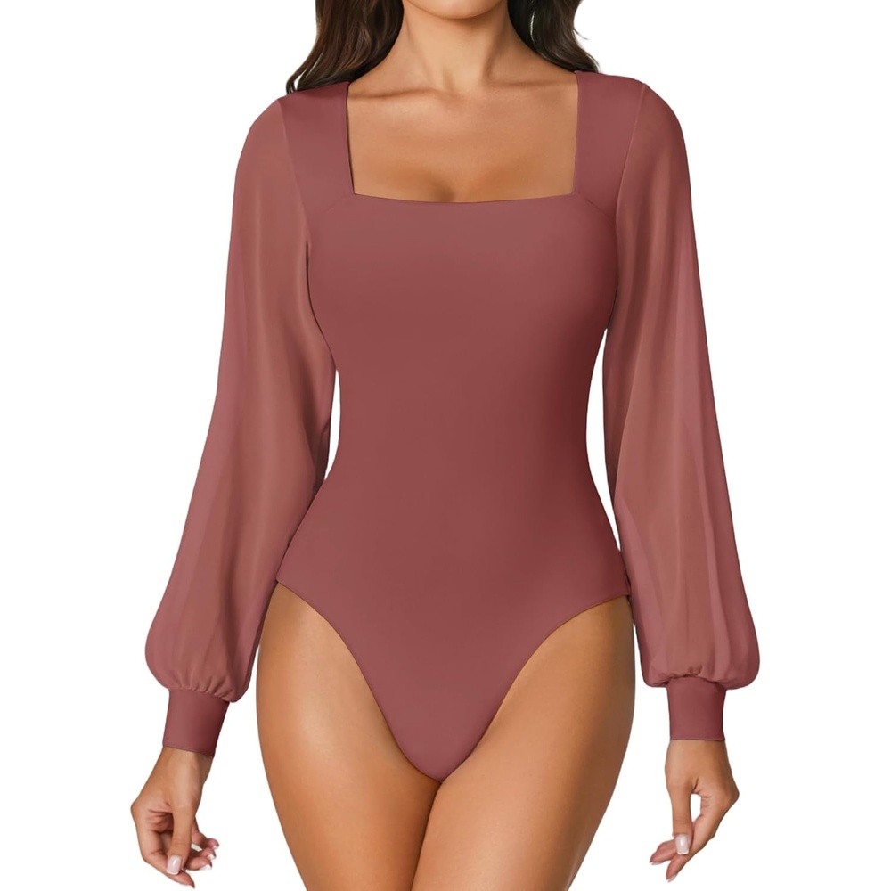 image:imageAvidlove Women Puff Long Sleeve Bodysuit Mesh Square Neck Thong Sexy Body Suits Double Lined LeotardsPurple Red