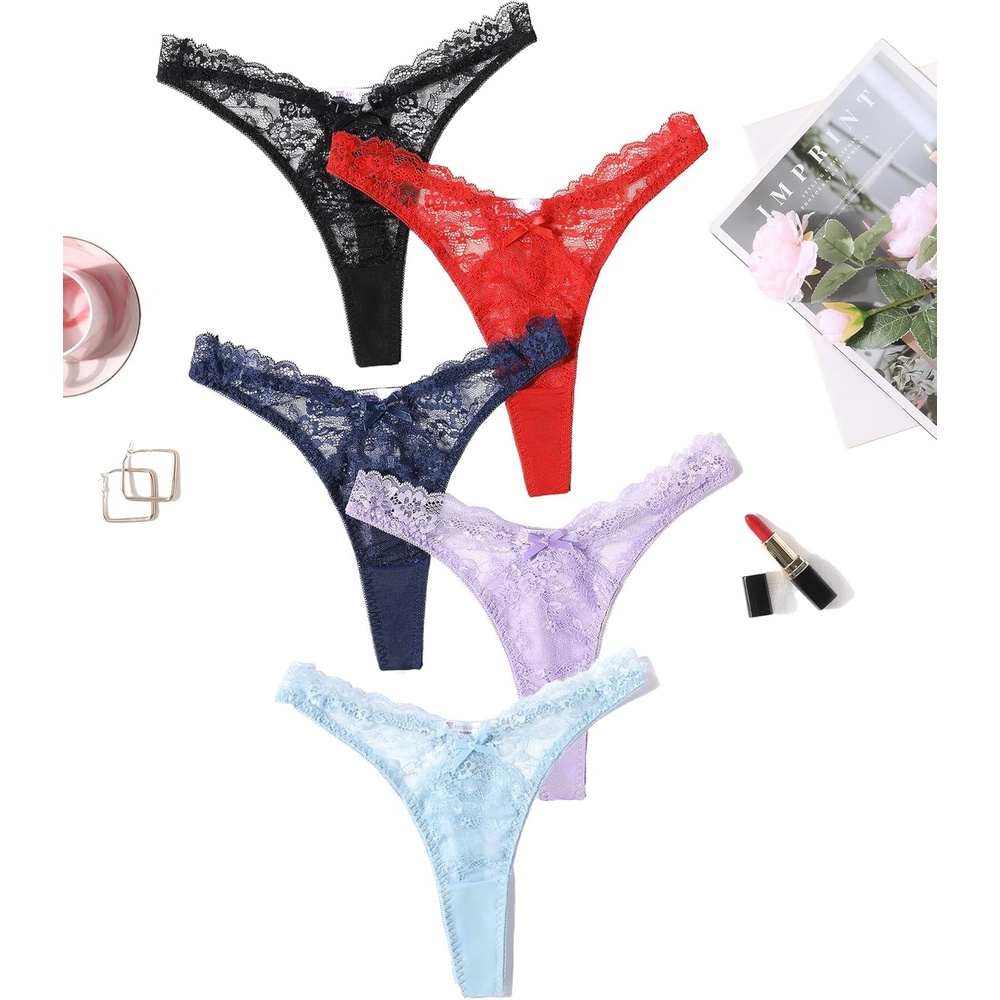 image:imageAvidlove Women Sexy Underwear Lace Gstring Exotic Lingerie Panties VShape Cheeky Tangas with Bow Decor5 Packs1