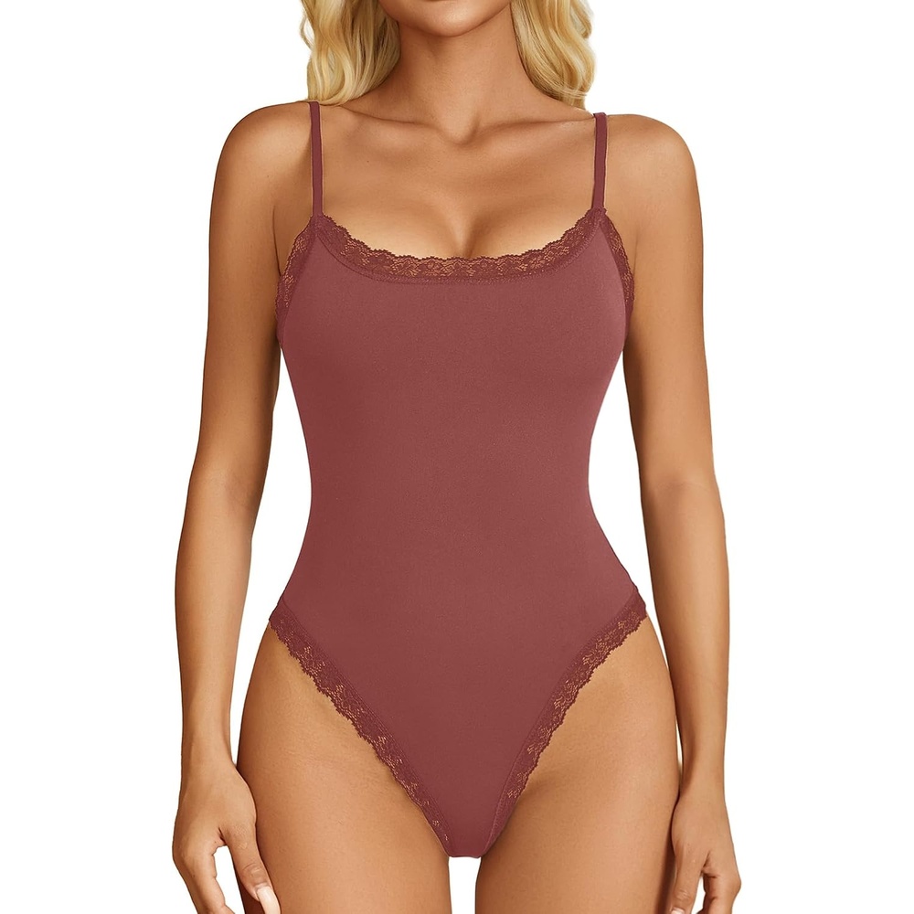 image:imageAvidlove Women Square Neck Lace Bodysuit Sleeveless Spaghetti Strap Tank Top Body SuitsPurple Red