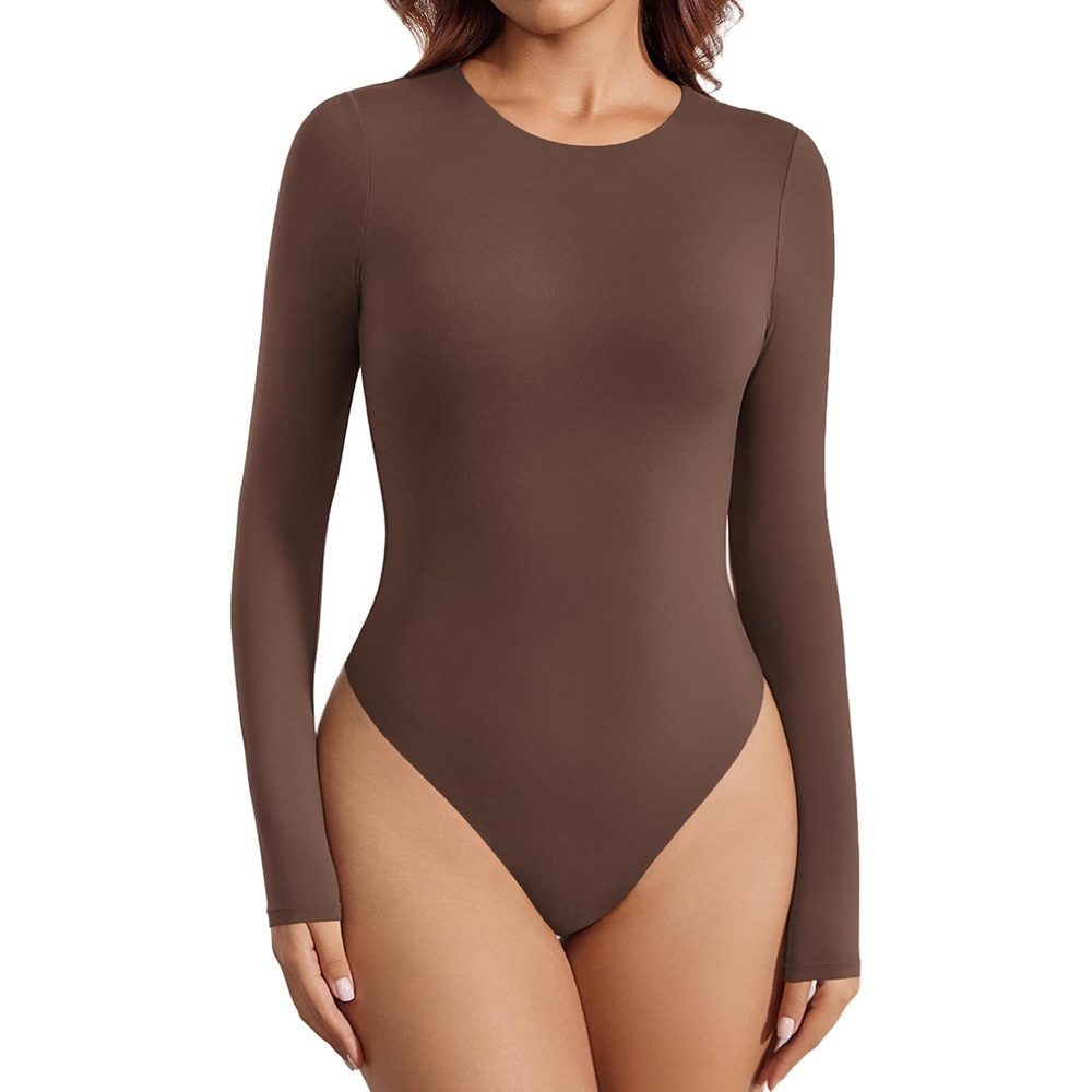 image:imageAvidlove Womens Crew Neck Long Sleeve Bodysuits Basic Slim Tops  Double Lined Thong Bodysuit ShirtBrown