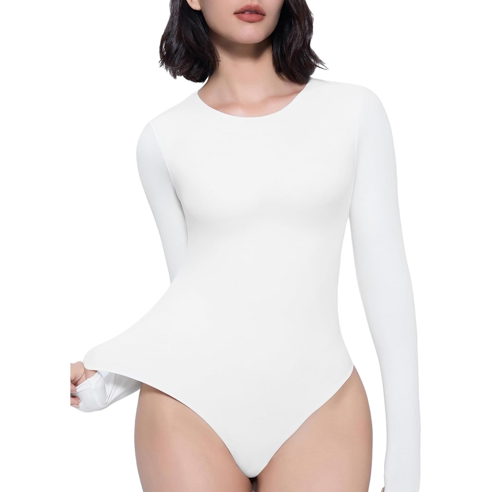 image:imageAvidlove Womens Crew Neck Long Sleeve Bodysuits Basic Slim Tops  Double Lined Thong Bodysuit ShirtWhite
