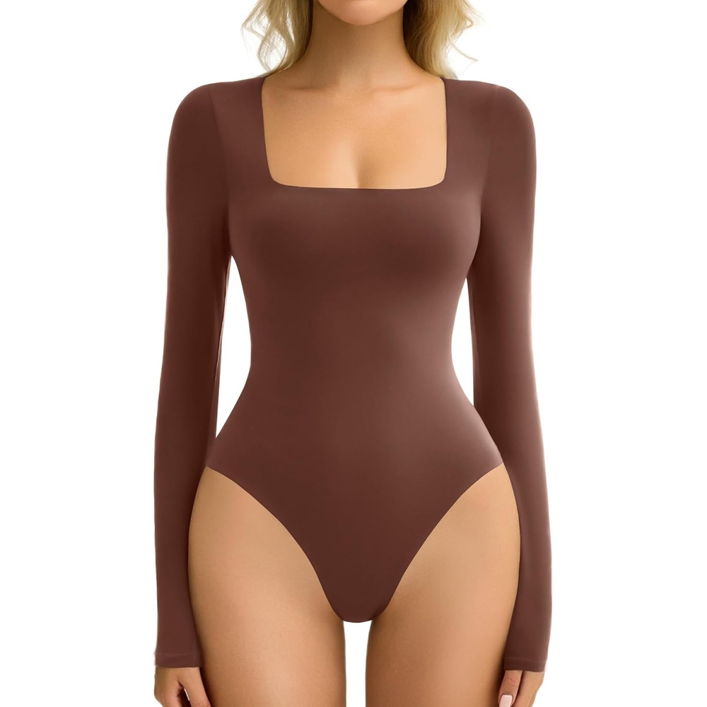 image:imageAvidlove Womens Long Sleeve Bodysuit Double Lined Square Neck Body Suit Tops Snap Closure SoftBrown