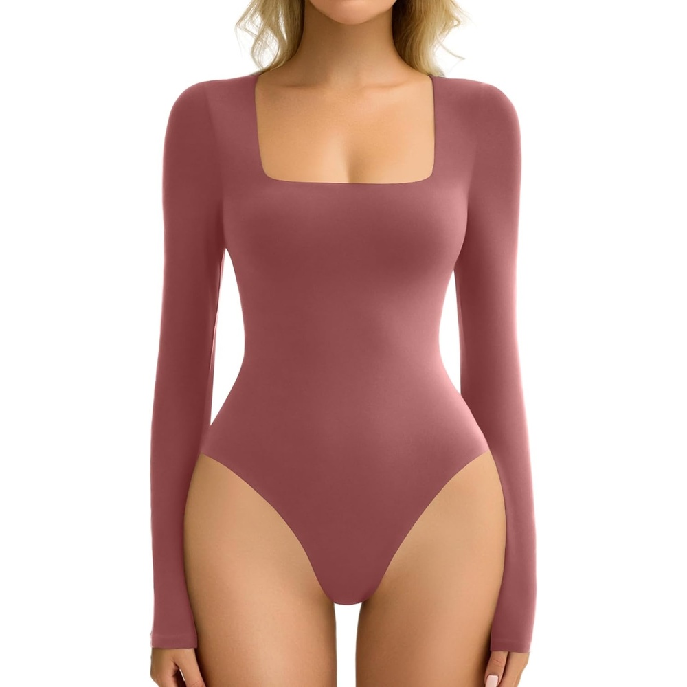 image:imageAvidlove Womens Long Sleeve Bodysuit Double Lined Square Neck Body Suit Tops Snap Closure SoftPurple Red