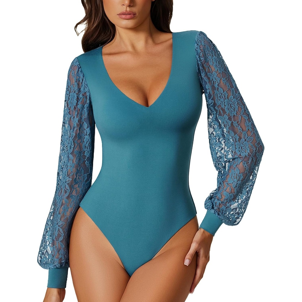 image:imageAvidlove Womens Long Sleeve Bodysuit Double Lined V Neck Lace Puff Sleeves Going Out Top Shirts Thong Leotard Body SuitBlue