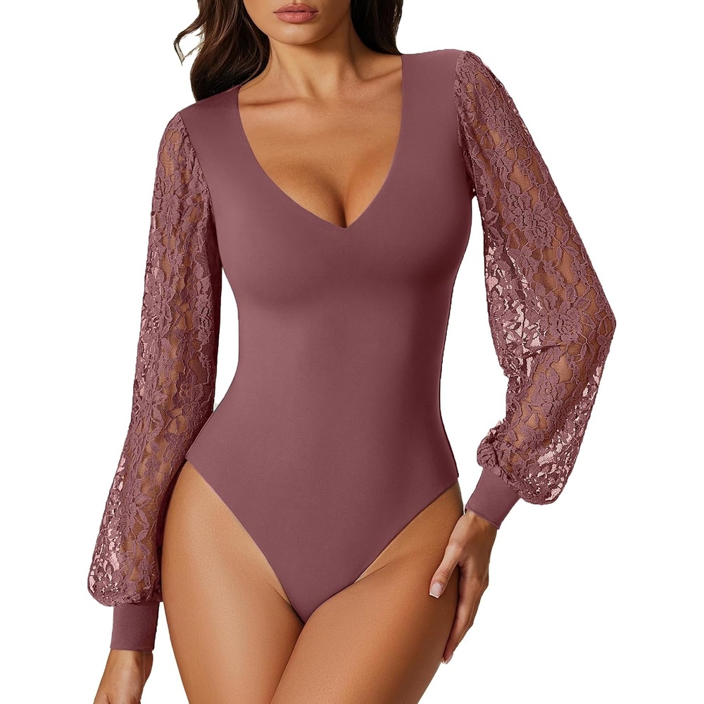 image:imageAvidlove Womens Long Sleeve Bodysuit Double Lined V Neck Lace Puff Sleeves Going Out Top Shirts Thong Leotard Body SuitPurple