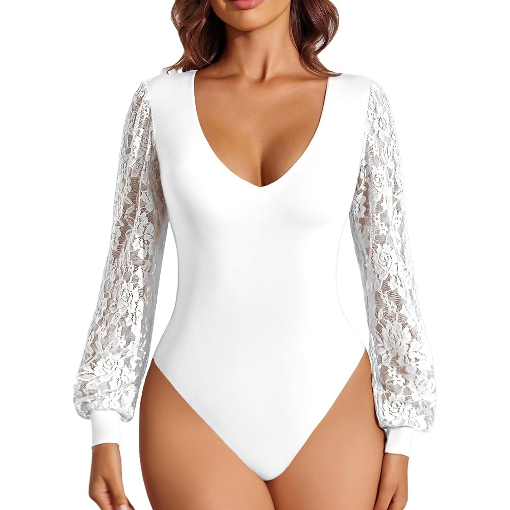 image:imageAvidlove Womens Long Sleeve Bodysuit Double Lined V Neck Lace Puff Sleeves Going Out Top Shirts Thong Leotard Body SuitWhite