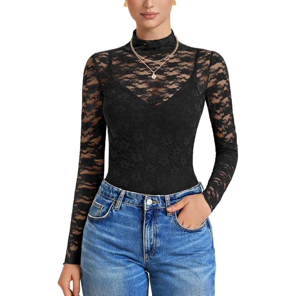 image:imageAvidlove Womens Long Sleeve Bodysuit Lace Tops Turtle Neck Shapewear Body Suits Going Out Top Fall Outfits Two Piece SetBlack