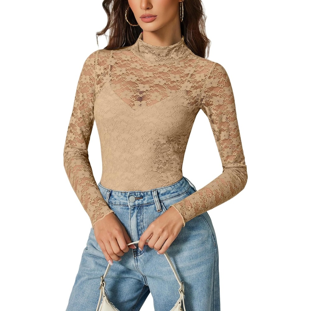 image:imageAvidlove Womens Long Sleeve Bodysuit Lace Tops Turtle Neck Shapewear Body Suits Going Out Top Fall Outfits Two Piece SetChampagne