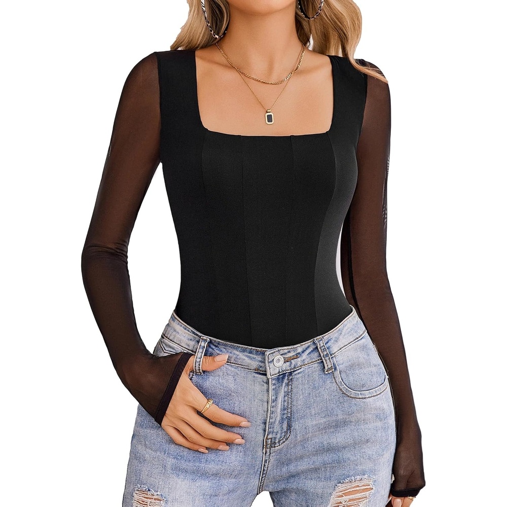 image:imageAvidlove Womens Long Sleeve Bodysuits Square Neck One Piece Body Suit Mesh Leotard Tops Double Lined SoftBlack