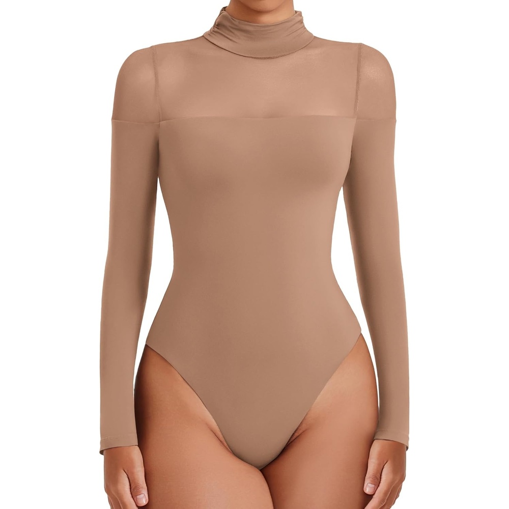 image:imageAvidlove Womens Long Sleeve Bodysuits Thong Turtle Neck Body Suit Mesh Going Out Leotard Tops One PieceNude
