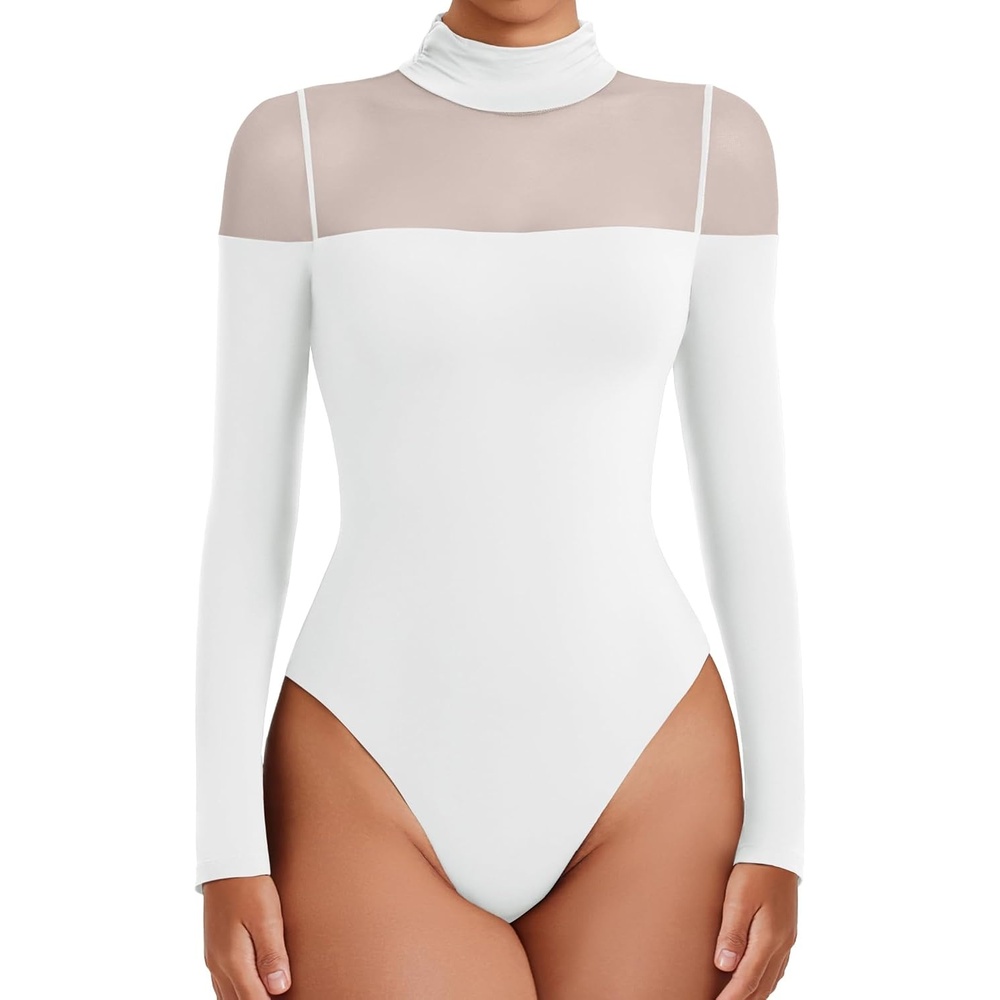 image:imageAvidlove Womens Long Sleeve Bodysuits Thong Turtle Neck Body Suit Mesh Going Out Leotard Tops One PieceWhite
