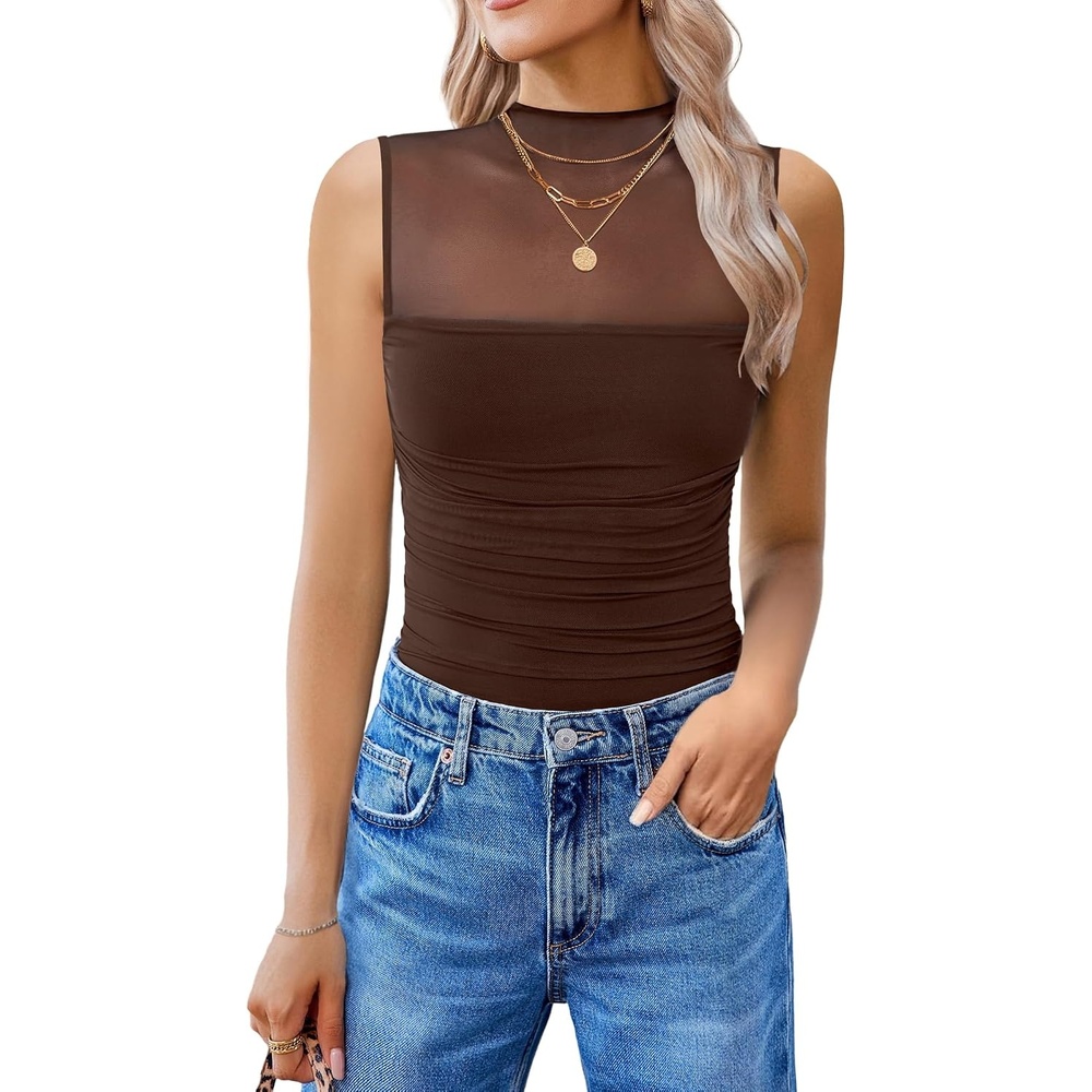 image:imageAvidlove Womens Mock Neck Mesh Bodysuit Ruched Tank Body Suits Top Sheer One Piece Going Out Tops Classy OutfitsBrown