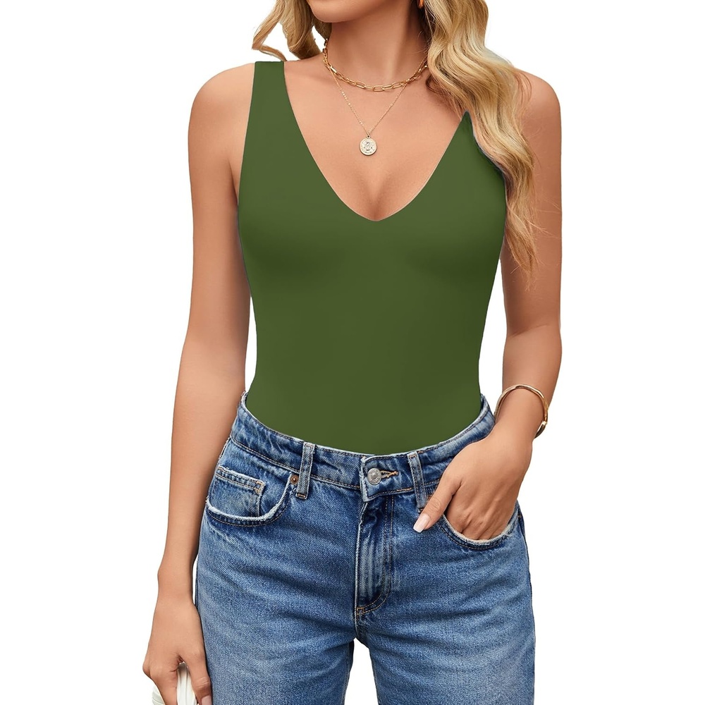image:imageAvidlove Womens Sexy Plunge Deep V Neck Bodysuit Double Lined Sleeveless Thong Body Suit Leotard for Going Out TankArmy Green