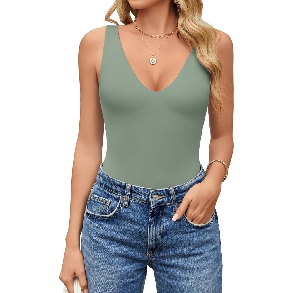 image:imageAvidlove Womens Sexy Plunge Deep V Neck Bodysuit Double Lined Sleeveless Thong Body Suit Leotard for Going Out TankGreen