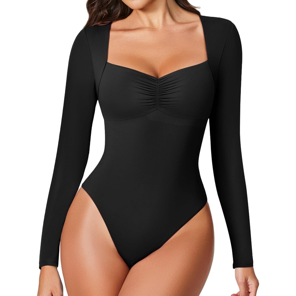 image:imageAvidlove Womens Sexy Sweetheart Neckline Bodysuit Tops Long Sleeve Double Lined Thong Body Suits Ruched OutfitsBlack