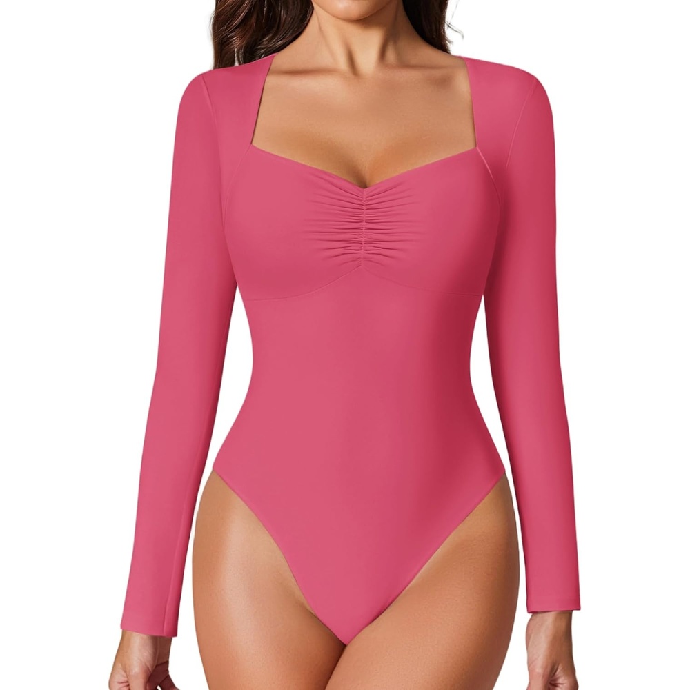 image:imageAvidlove Womens Sexy Sweetheart Neckline Bodysuit Tops Long Sleeve Double Lined Thong Body Suits Ruched OutfitsRose Red