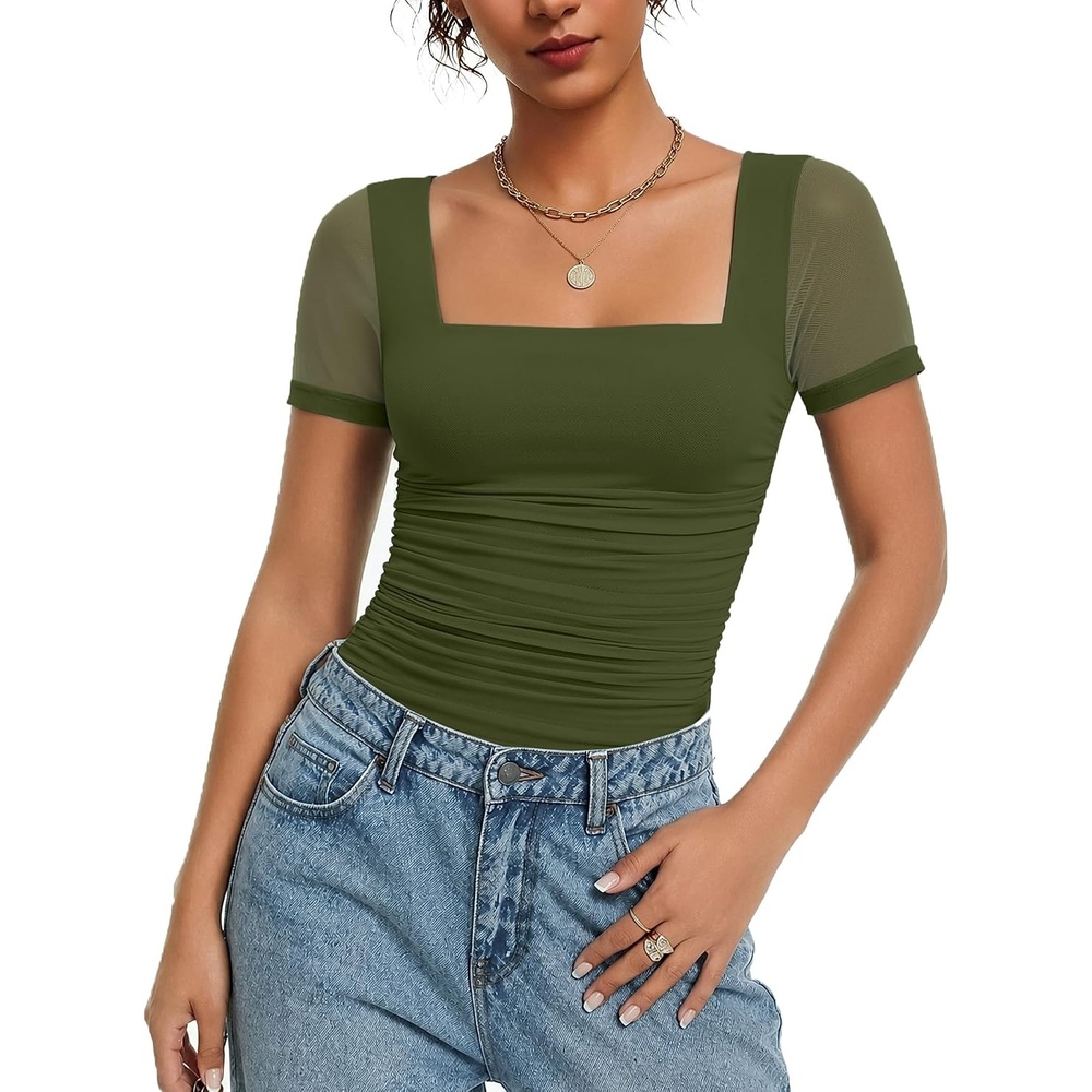 image:imageAvidlove Womens Short Sleeve Bodysuit Square Neck Sheer Mesh Bodysuit Leotard Ruched Thong Body Date Outfits Going Out TopsArmy Green