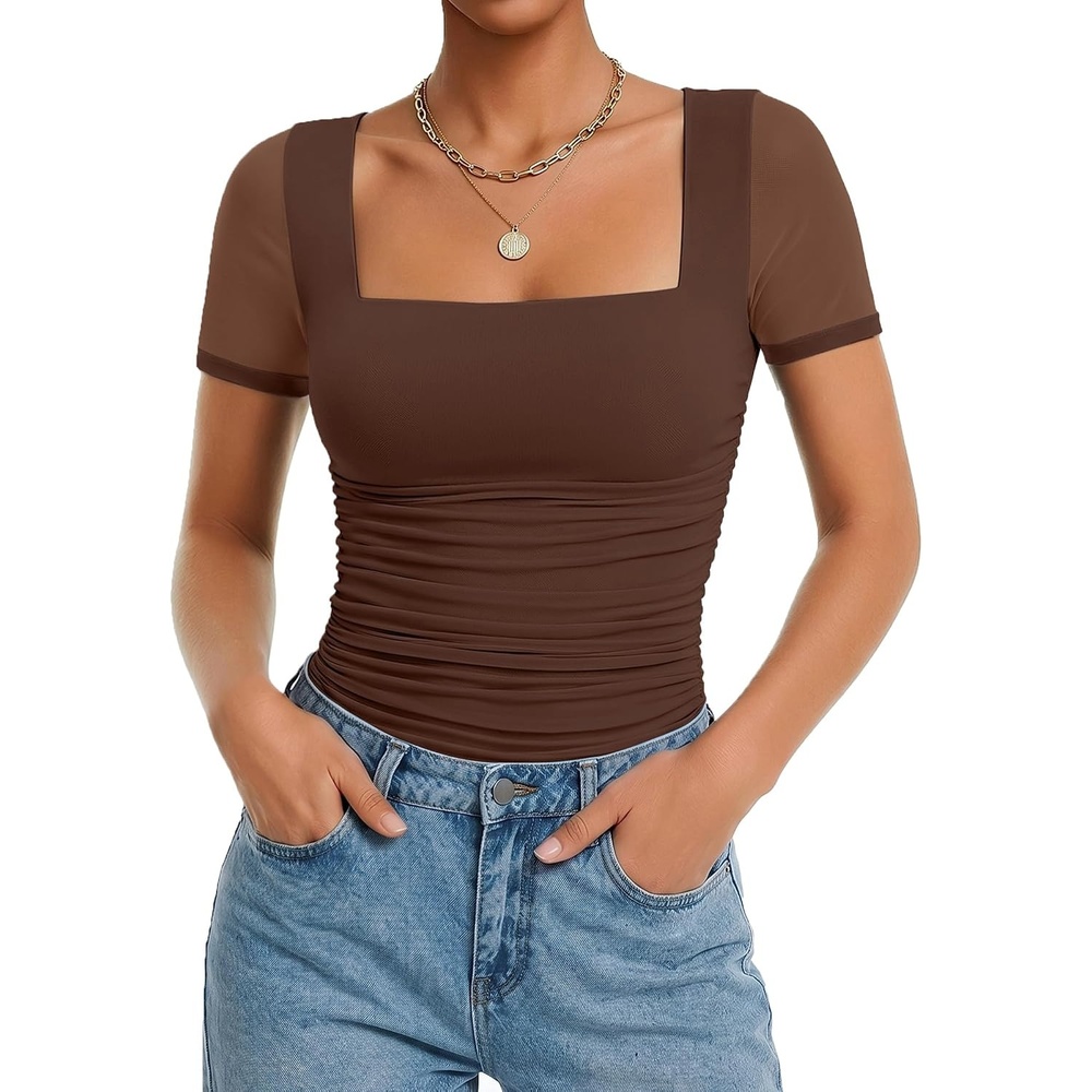image:imageAvidlove Womens Short Sleeve Bodysuit Square Neck Sheer Mesh Bodysuit Leotard Ruched Thong Body Date Outfits Going Out TopsBrown
