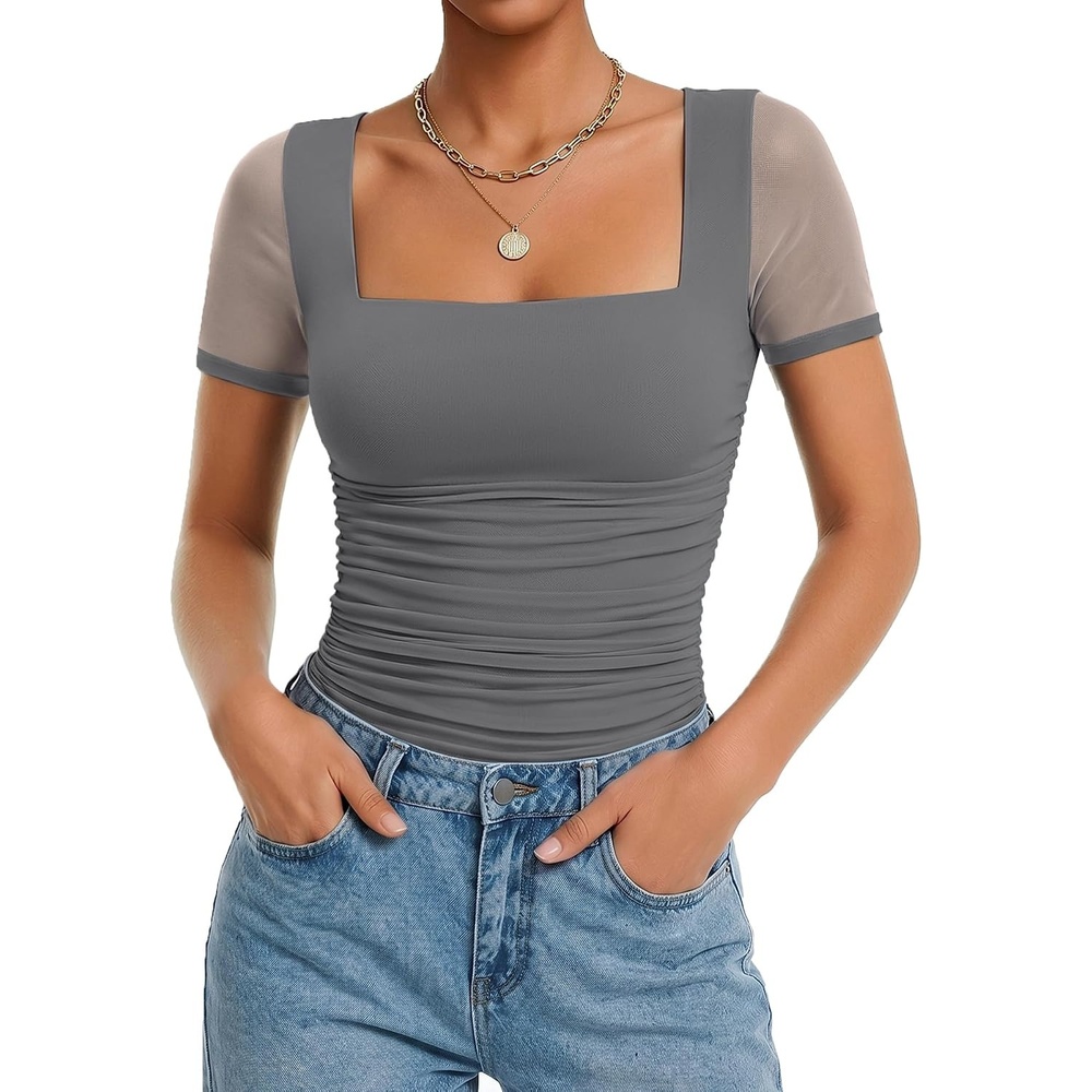 image:imageAvidlove Womens Short Sleeve Bodysuit Square Neck Sheer Mesh Bodysuit Leotard Ruched Thong Body Date Outfits Going Out TopsDark Grey