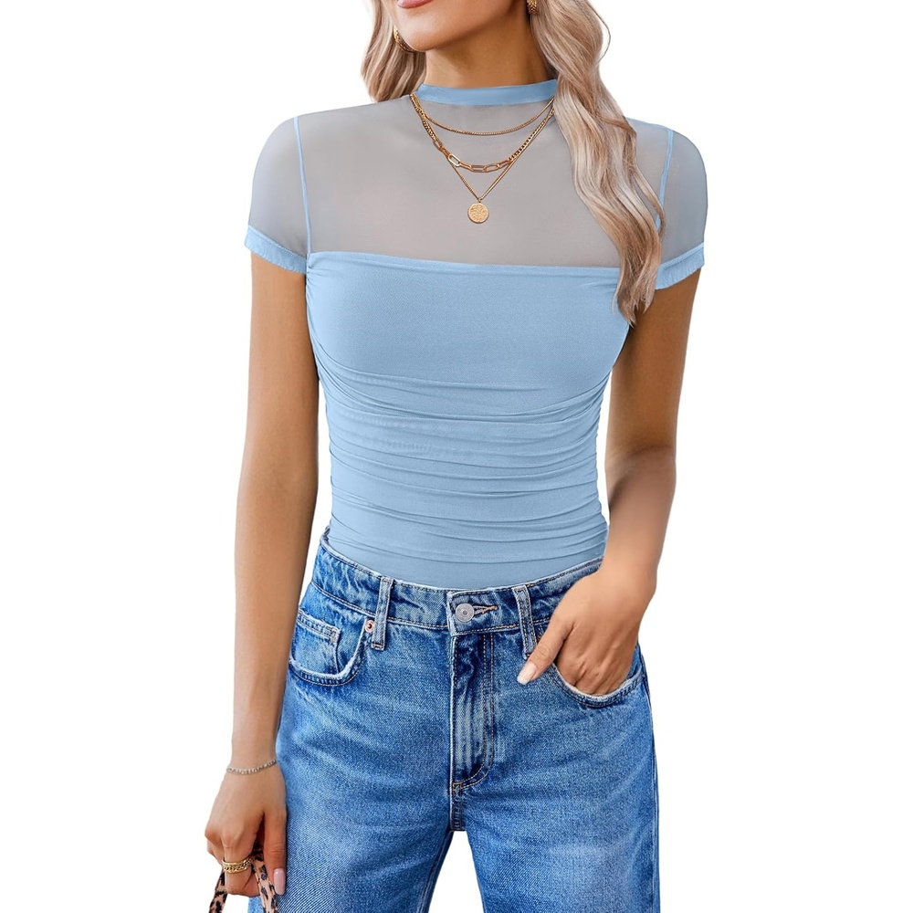 image:imageAvidlove Womens Short Sleeve Bodysuit Turtle Neck Body Suits Mesh One Piece Leotard Going Out Tops Date OutfitsLight Blue