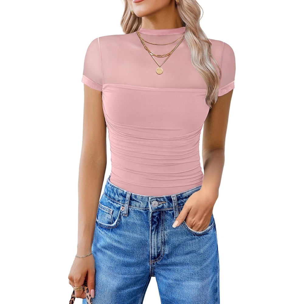 image:imageAvidlove Womens Short Sleeve Bodysuit Turtle Neck Body Suits Mesh One Piece Leotard Going Out Tops Date OutfitsLight Pink