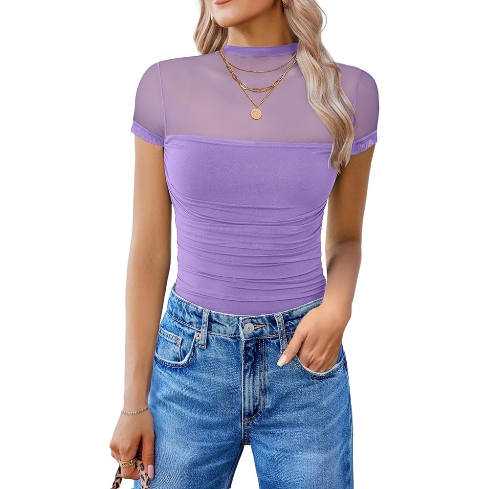 image:imageAvidlove Womens Short Sleeve Bodysuit Turtle Neck Body Suits Mesh One Piece Leotard Going Out Tops Date OutfitsLilac