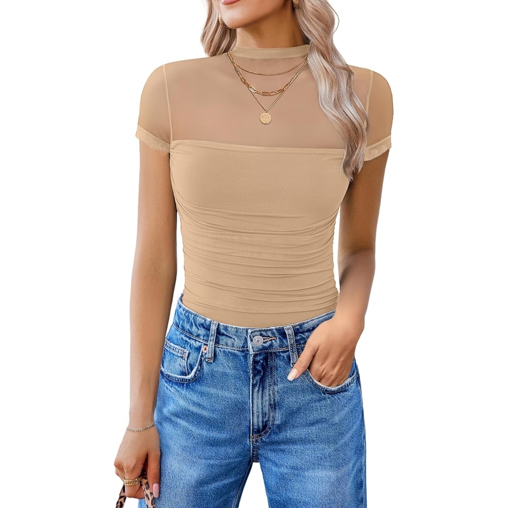 image:imageAvidlove Womens Short Sleeve Bodysuit Turtle Neck Body Suits Mesh One Piece Leotard Going Out Tops Date OutfitsNude