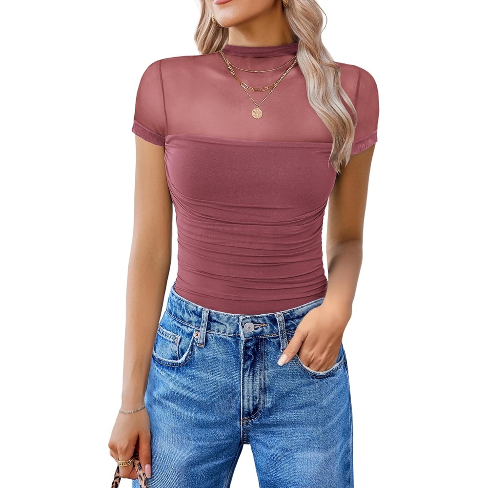 image:imageAvidlove Womens Short Sleeve Bodysuit Turtle Neck Body Suits Mesh One Piece Leotard Going Out Tops Date OutfitsPurple Red