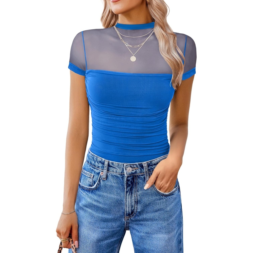 image:imageAvidlove Womens Short Sleeve Bodysuit Turtle Neck Body Suits Mesh One Piece Leotard Going Out Tops Date OutfitsSea Blue
