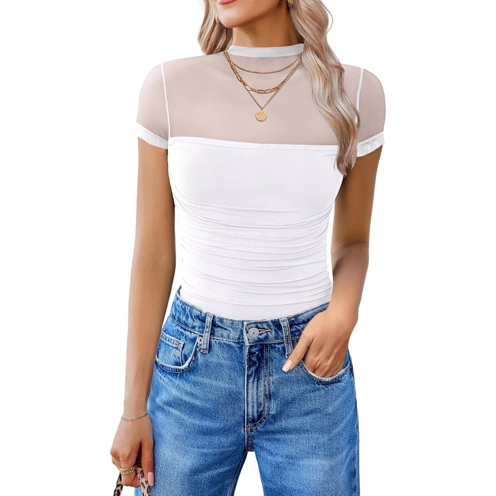image:imageAvidlove Womens Short Sleeve Bodysuit Turtle Neck Body Suits Mesh One Piece Leotard Going Out Tops Date OutfitsWhite