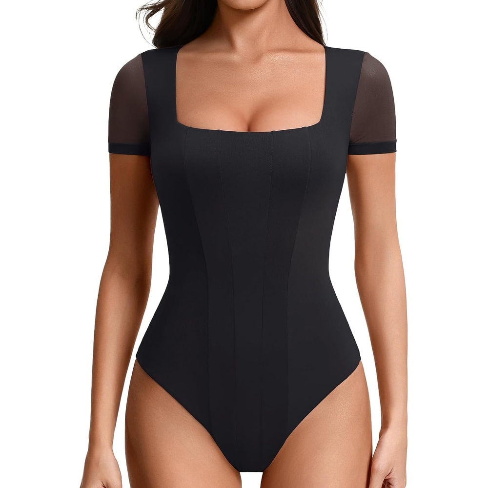 image:imageAvidlove Womens Short Sleeve Bodysuits Sexy Square Neck Body Suit Mesh Double Lined Tshirt Leotard Tops Going OutBlack