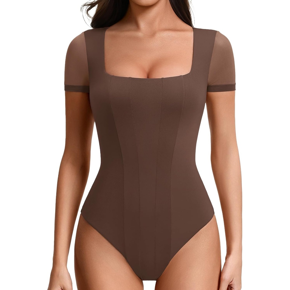 image:imageAvidlove Womens Short Sleeve Bodysuits Sexy Square Neck Body Suit Mesh Double Lined Tshirt Leotard Tops Going OutBrown
