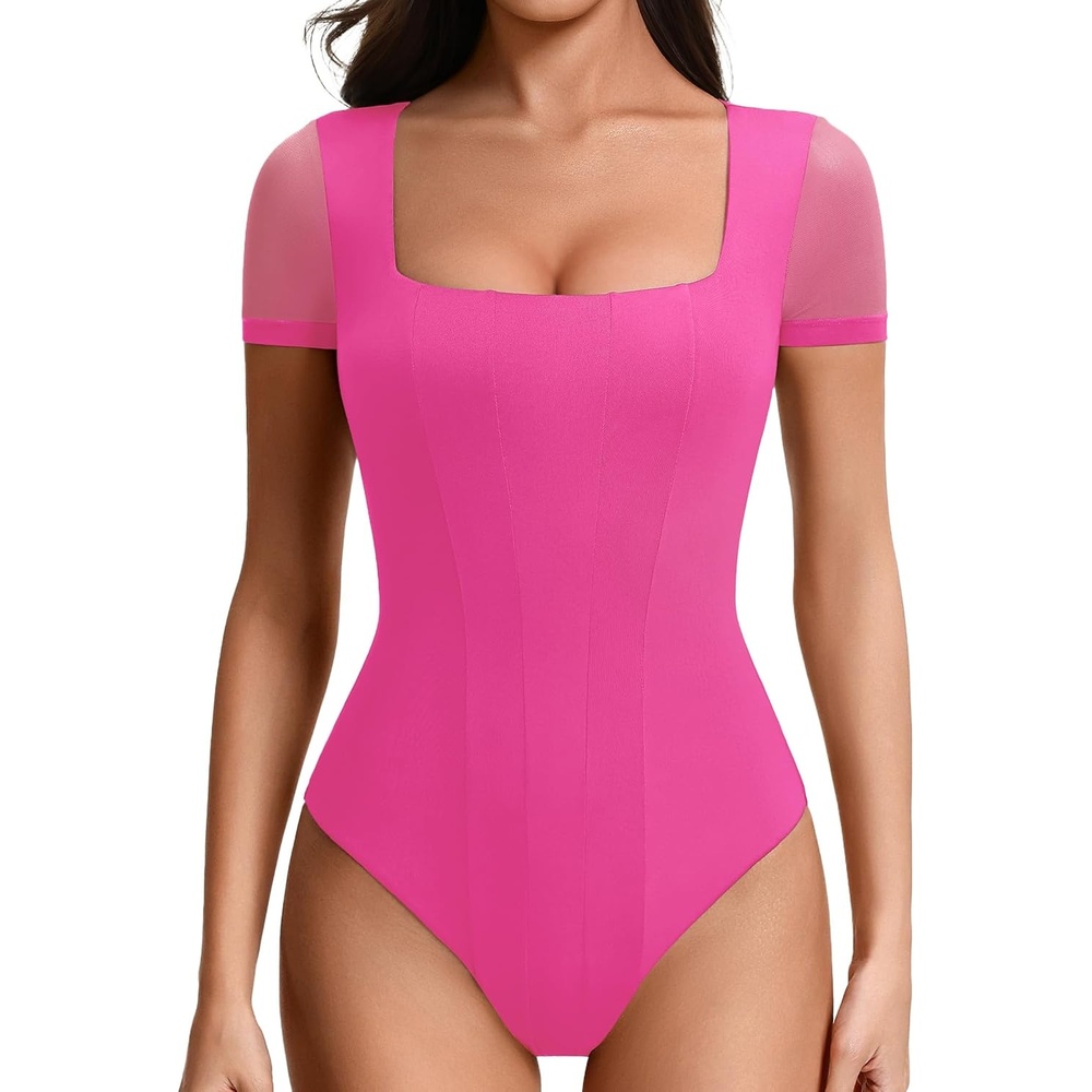 image:imageAvidlove Womens Short Sleeve Bodysuits Sexy Square Neck Body Suit Mesh Double Lined Tshirt Leotard Tops Going OutPink