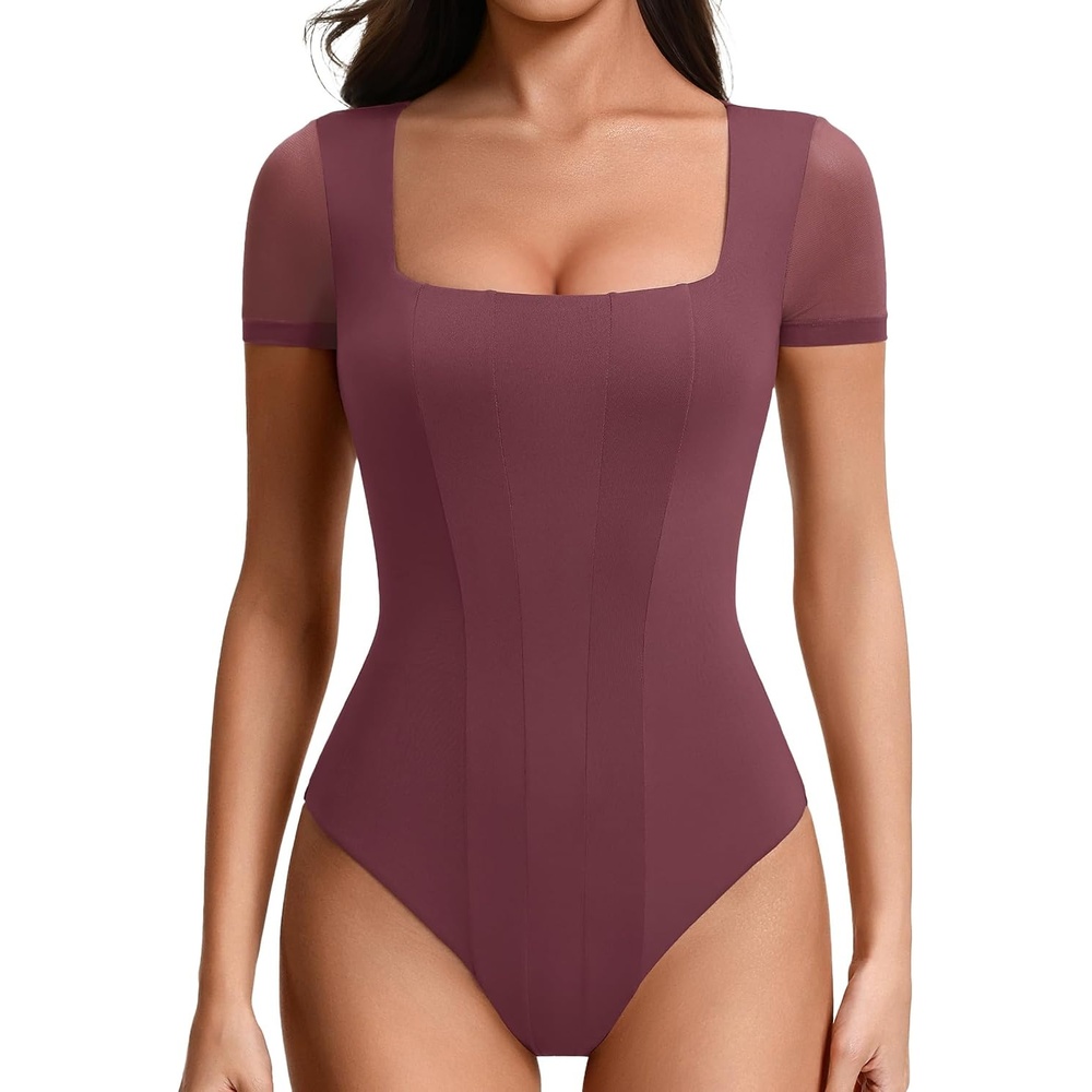 image:imageAvidlove Womens Short Sleeve Bodysuits Sexy Square Neck Body Suit Mesh Double Lined Tshirt Leotard Tops Going OutPurple Red