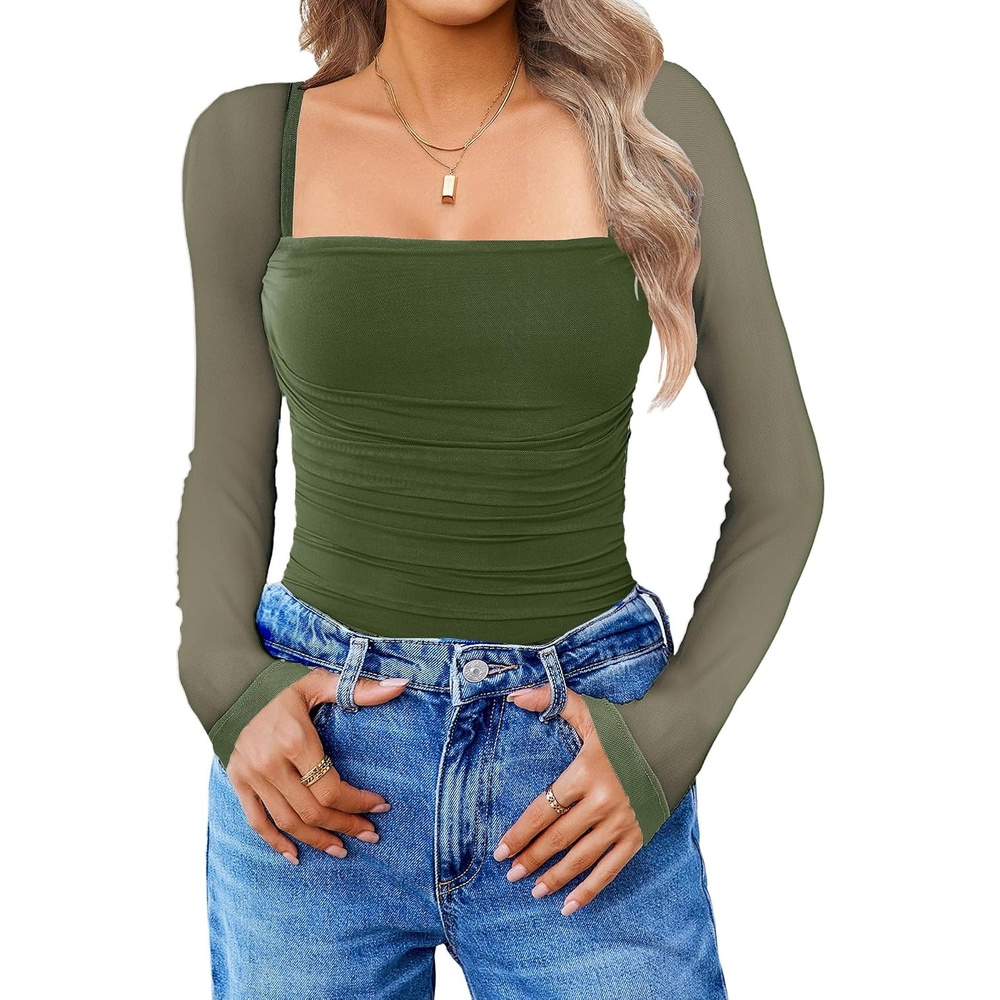 image:imageAvidlove Womens Square Neck Mesh Long Sleeve Bodysuit Shirts Ruched Body Suit Sexy Sheer Tops Date Night OutfitArmy Green
