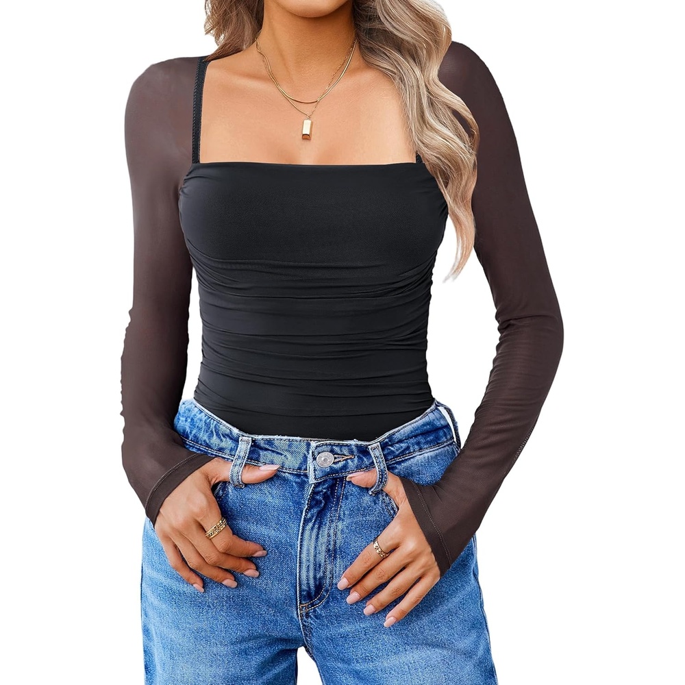 image:imageAvidlove Womens Square Neck Mesh Long Sleeve Bodysuit Shirts Ruched Body Suit Sexy Sheer Tops Date Night OutfitBlack