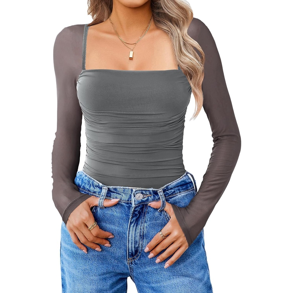 image:imageAvidlove Womens Square Neck Mesh Long Sleeve Bodysuit Shirts Ruched Body Suit Sexy Sheer Tops Date Night OutfitDark Grey