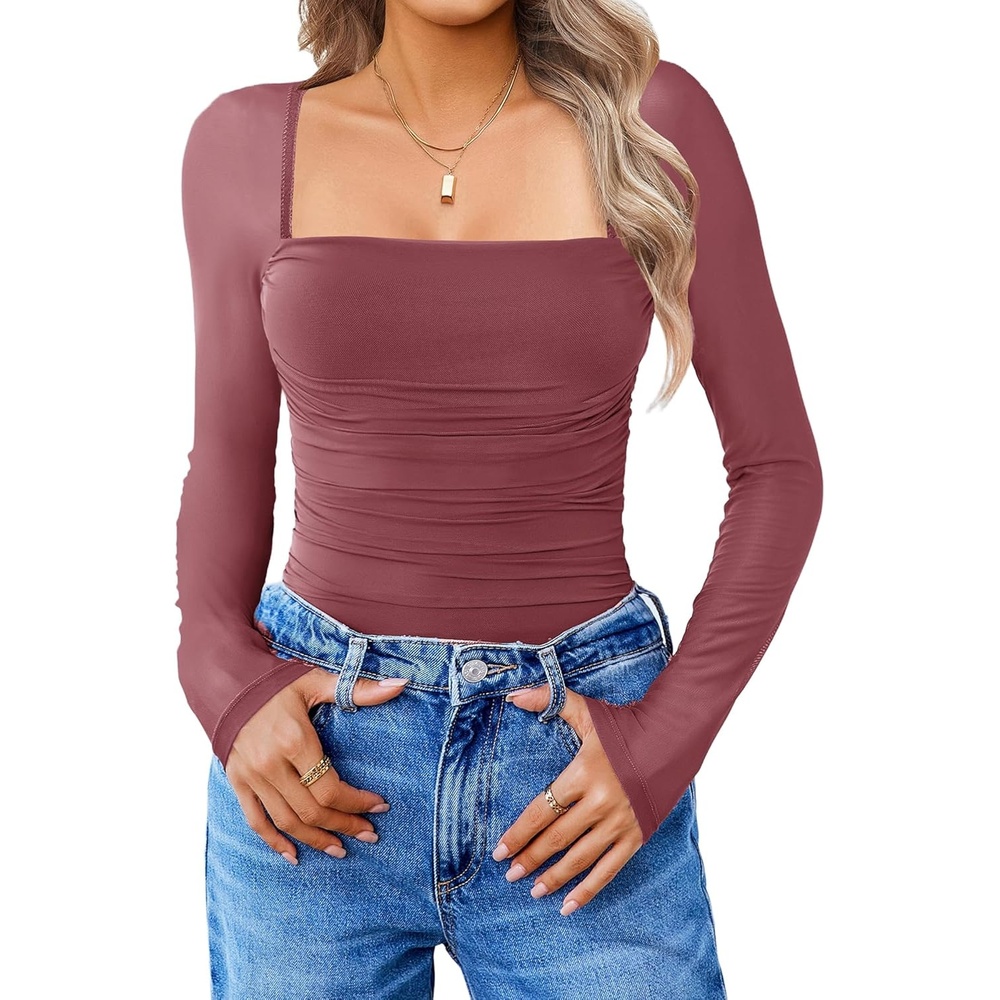 image:imageAvidlove Womens Square Neck Mesh Long Sleeve Bodysuit Shirts Ruched Body Suit Sexy Sheer Tops Date Night OutfitDark Purple Red