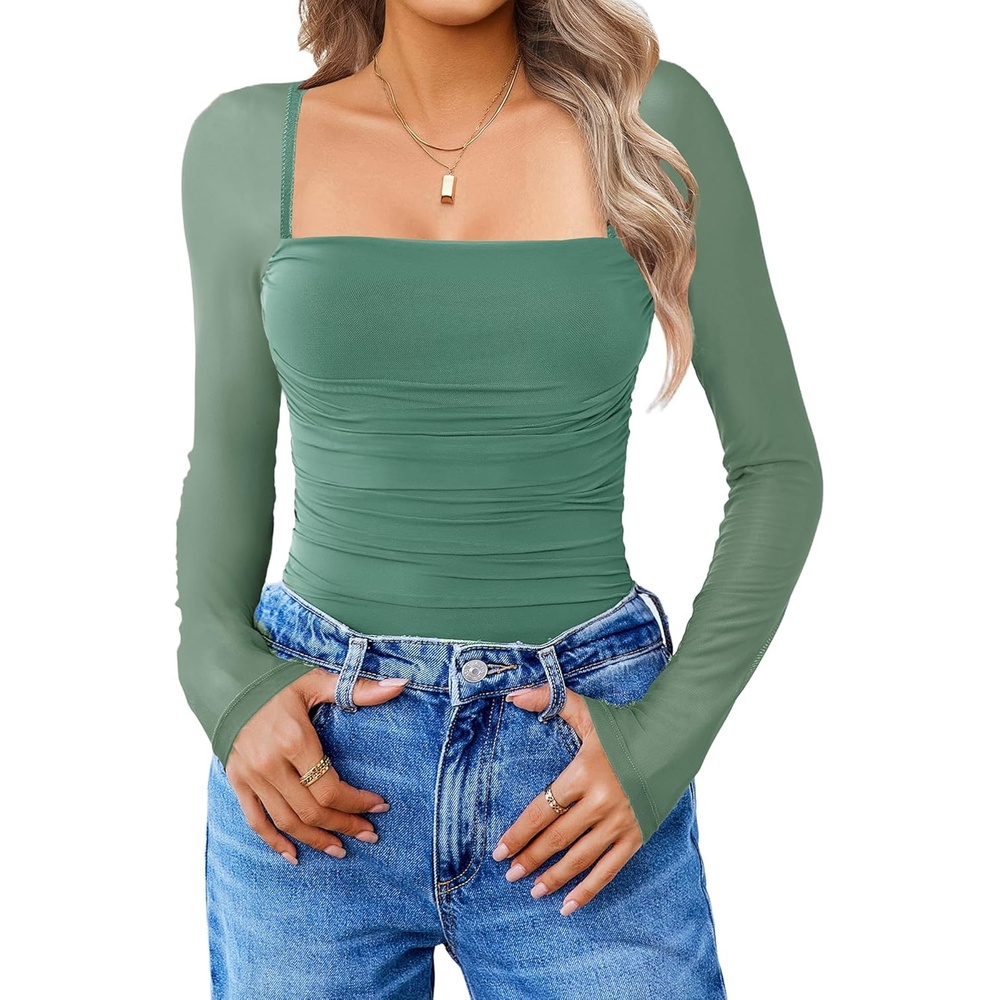 image:imageAvidlove Womens Square Neck Mesh Long Sleeve Bodysuit Shirts Ruched Body Suit Sexy Sheer Tops Date Night OutfitGrey Green