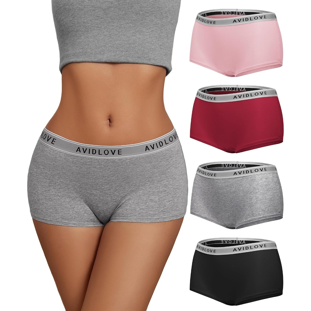 image:imageAvidlove Womens Underwear Cotton Boyshort Panties Full Coverage Boxer Shorts Briefs Cheeky Panty Pack of 4BlackGreyPinkWine Red