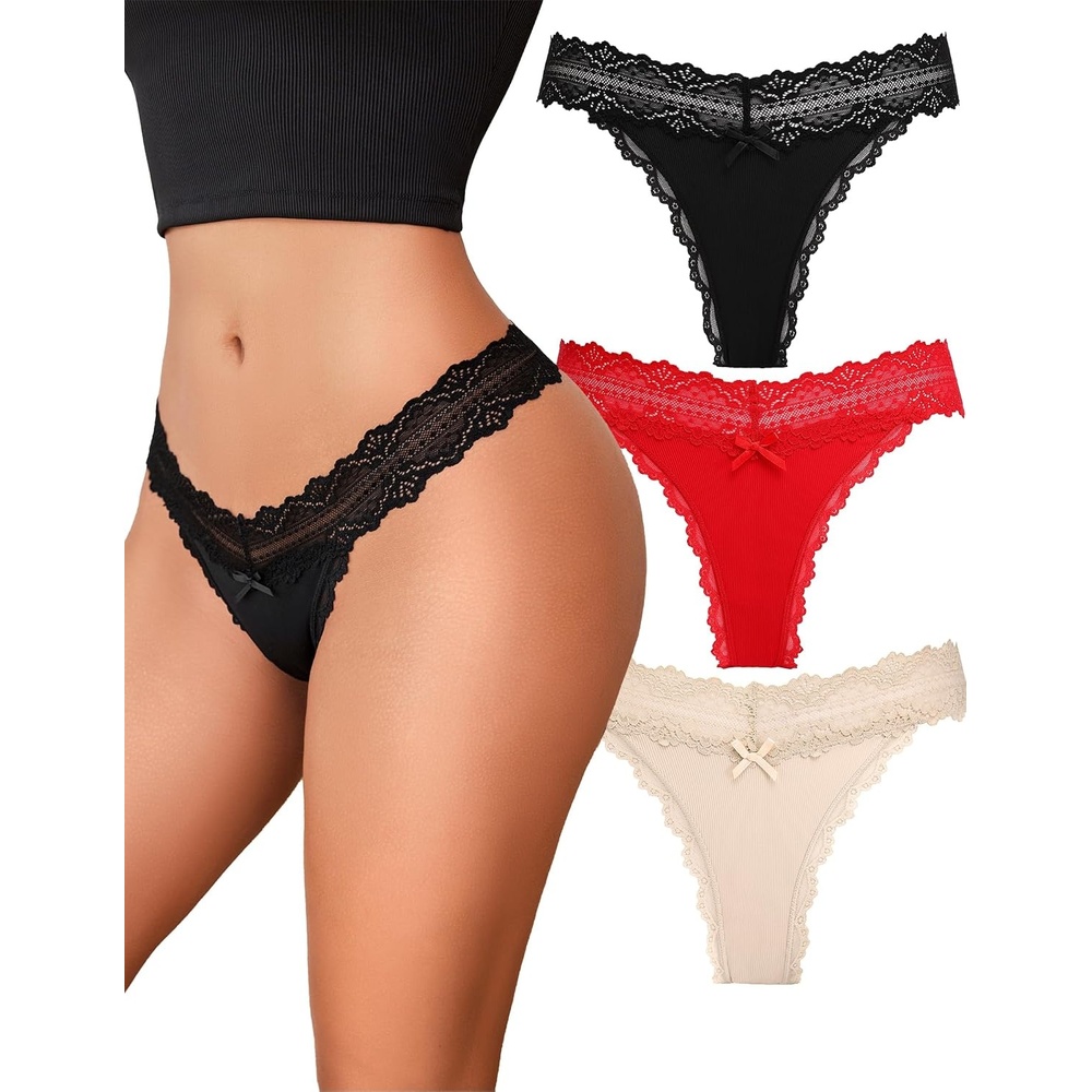 image:imageAvidlove Womens Underwear Lace Waist Thongs Ribbed Sexy T Back PantiesBlackNudeRed
