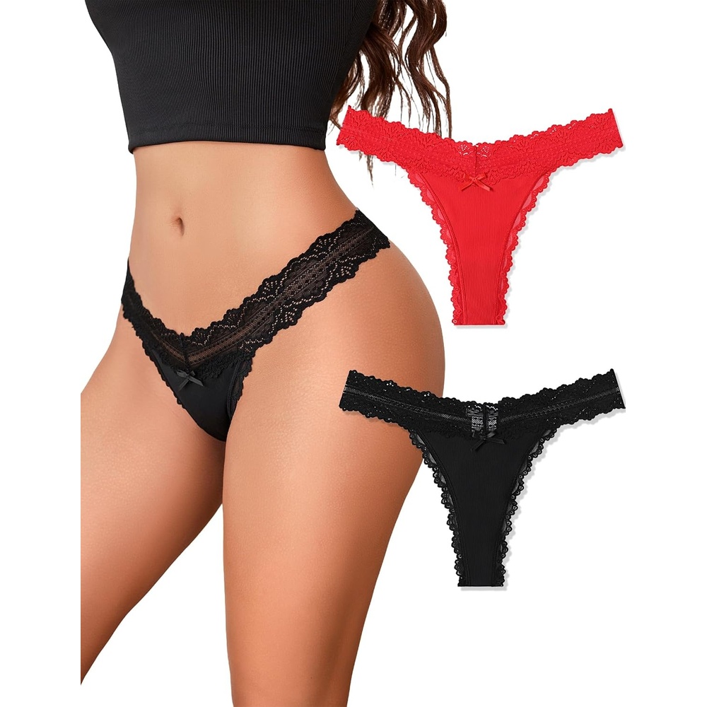 image:imageAvidlove Womens Underwear Lace Waist Thongs Ribbed Sexy T Back PantiesBlackRed