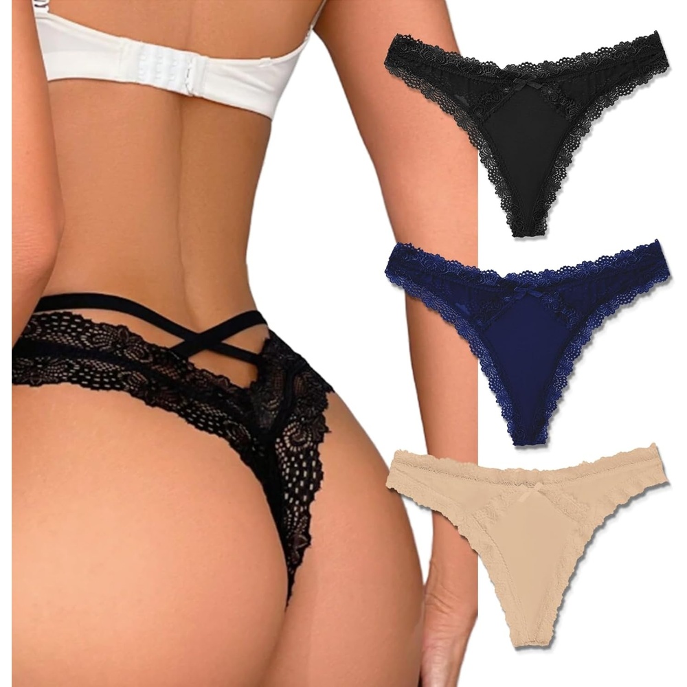 image:imageAvidlove Womens Underwear Sexy Lace Thongs Criss Cross Back Bikini Panties  Lace amp mesh lingerie panties 13 Packsskinfriendly cotton crotchcute bowbreathable amp comfortable for daily wearBlackwheatnavy Blue