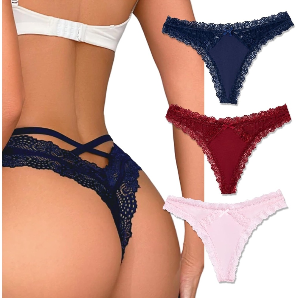 image:imageAvidlove Womens Underwear Sexy Lace Thongs Criss Cross Back Bikini Panties  Lace amp mesh lingerie panties 13 Packsskinfriendly cotton crotchcute bowbreathable amp comfortable for daily wearNavy Bluepinkwine Red